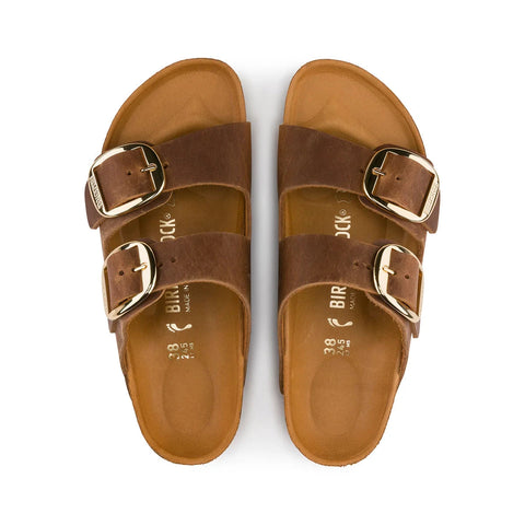 Arizona Big Buckle Oiled Leather (Regular width) Cognac Slides Birkenstock