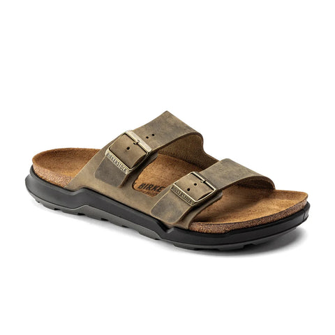 Arizona Cross Town Waxy Oiled Leather (Regular Width) - Faded Khaki Slides Birkenstock