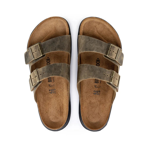 Arizona Cross Town Waxy Oiled Leather (Regular Width) - Faded Khaki Slides Birkenstock