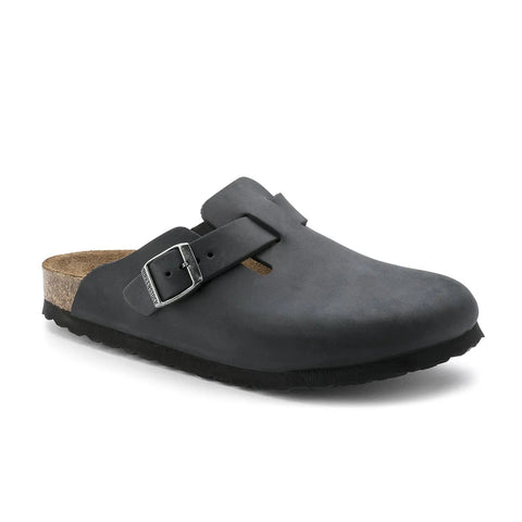 Boston Oiled Leather (Regular width) - Black Slides Birkenstock