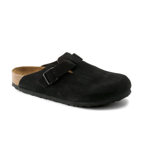 Boston Suede Leather - Soft Footbed (Regular Width) - Black Slides Birkenstock