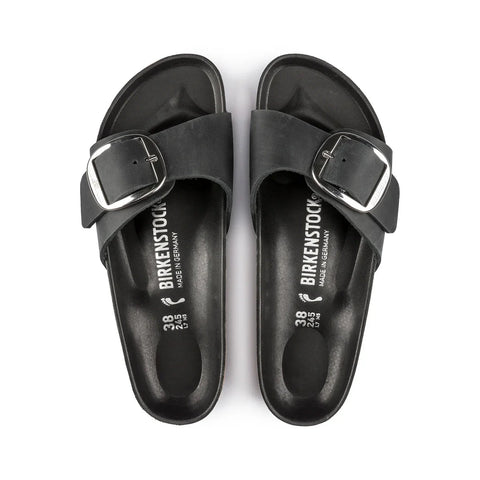 Madrid Big Buckle Oiled Leather (Regular width) Black Slides Birkenstock