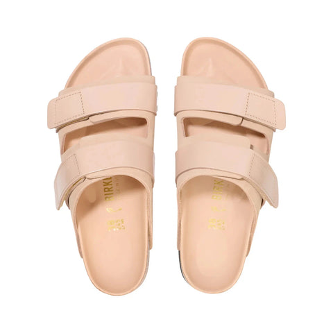 Uji High Shine Nubuck Leather - New Beige - Regular Slides Birkenstock