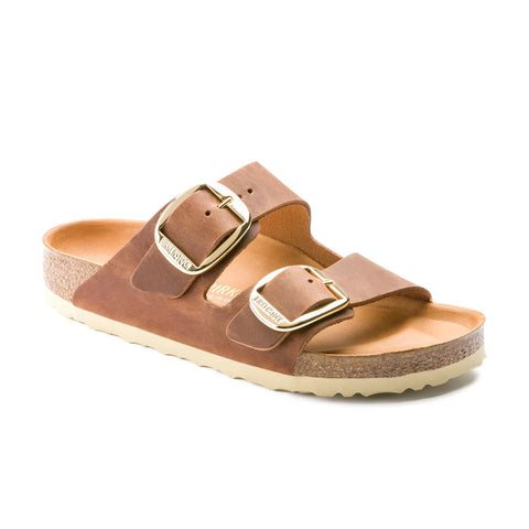 Arizona Big Buckle Oiled Leather (Regular width) Cognac Slides Birkenstock 