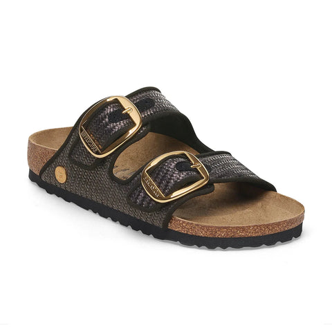 Arizona Big Buckle - Raffia Black Textile (Regular Width) Slides Birkenstock 