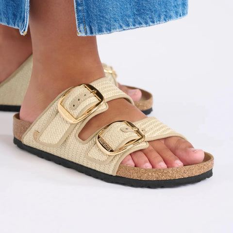 Arizona Big Buckle - Raffia Natural Textile (Regular Width) Slides Birkenstock 