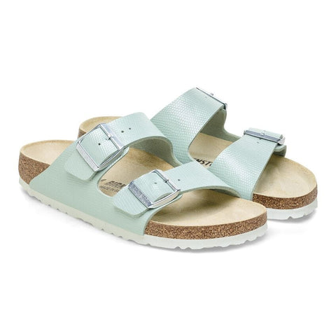 Arizona Birko-Flor Shiny Embossed (Regular Width) - Surf Green Slides Birkenstock 