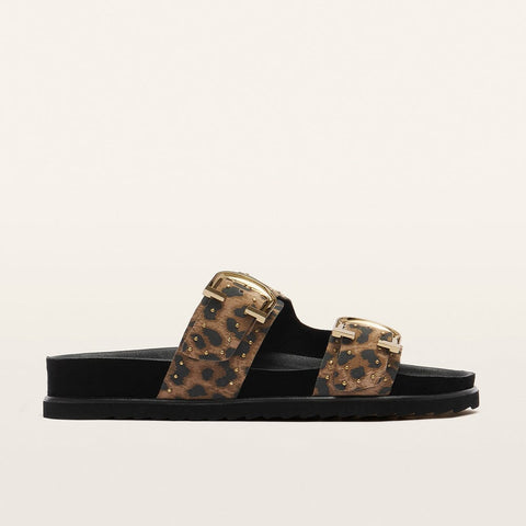 Deon - Womens - Dark Leopard Print Suede Stud Slides Frankie4 