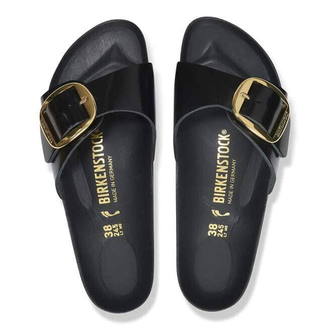 Madrid Big Buckle - High Shine Black Natural Leather Patent - Regular Width Slides Birkenstock 