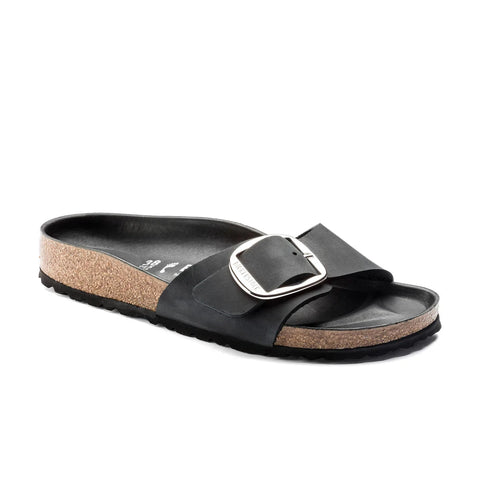Madrid Big Buckle Oiled Leather (Regular width) Black Slides Birkenstock 